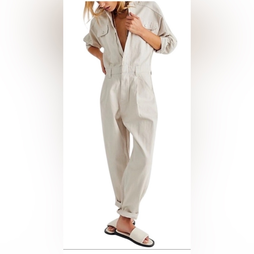 We The Free Sammie Denim Coverall Jumpsuit Women’s Cream Size Large